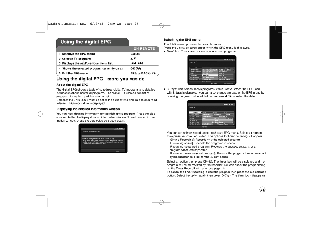 LG Electronics DRT389H manual Using the digital EPG more you can do, About the digital EPG, Switching the EPG menu 