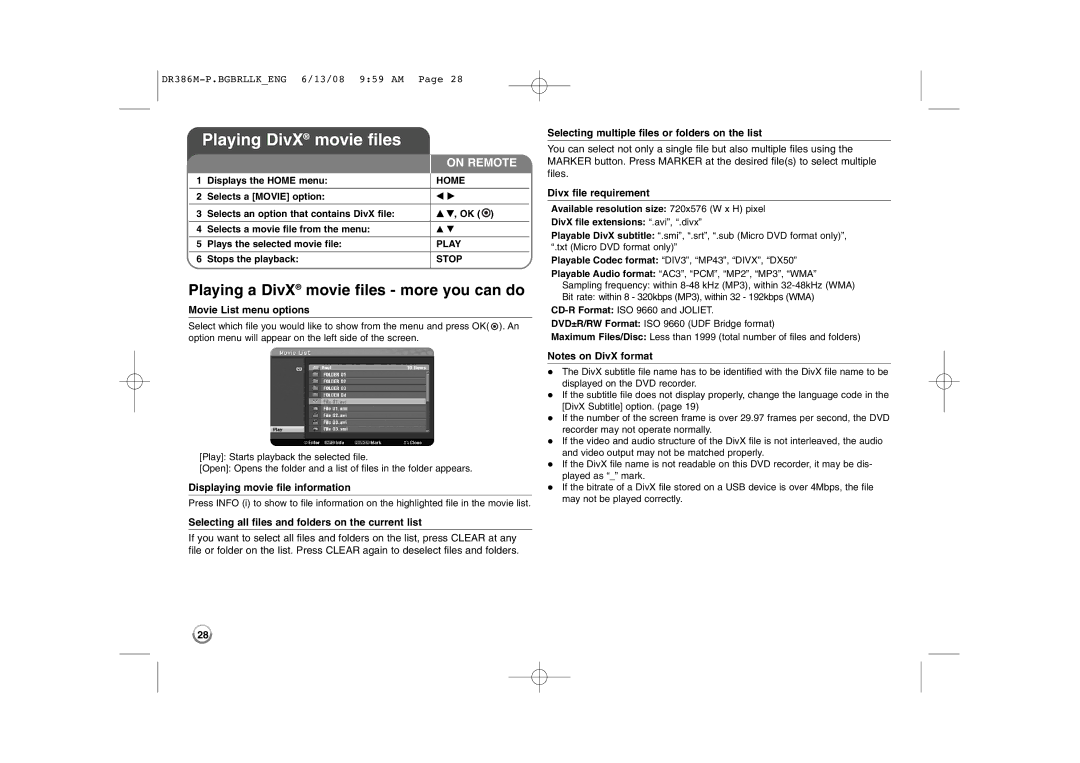 LG Electronics DRT389H manual Playing DivX movie files, Playing a DivX movie files more you can do 