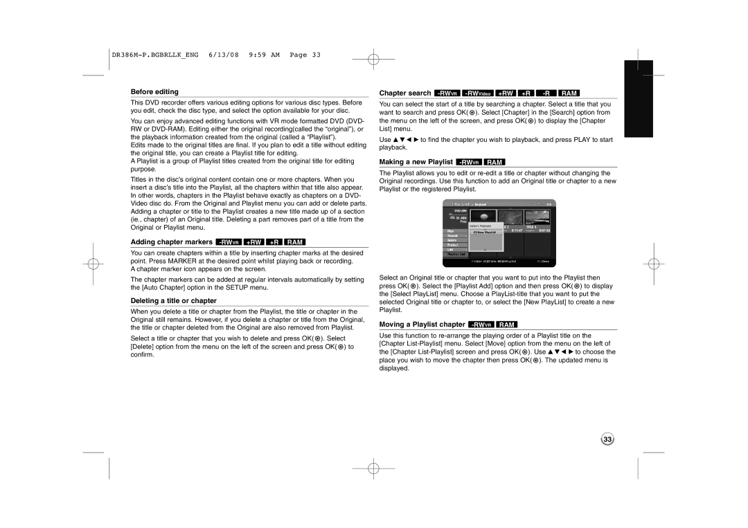 LG Electronics DRT389H manual Before editing, Adding chapter markers -RWVR+RW +R RAM, Deleting a title or chapter 