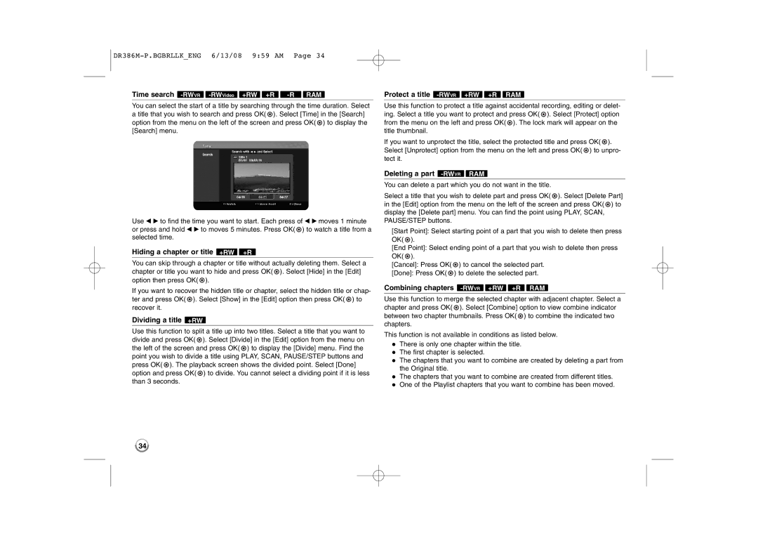 LG Electronics DRT389H manual Hiding a chapter or title +RW +R, Dividing a title +RW, Protect a title -RWVR+RW +R RAM 