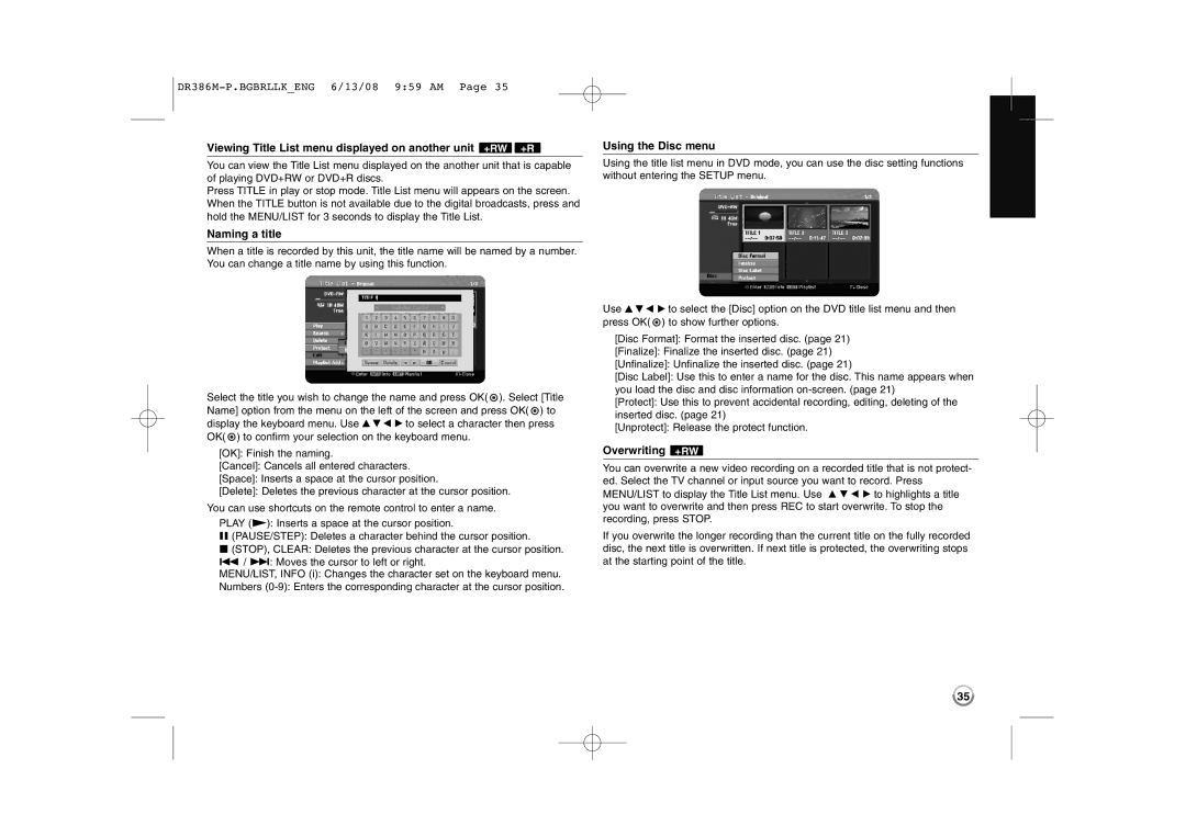 LG Electronics DRT389H manual Viewing Title List menu displayed on another unit +RW +R, Naming a title, Using the Disc menu 