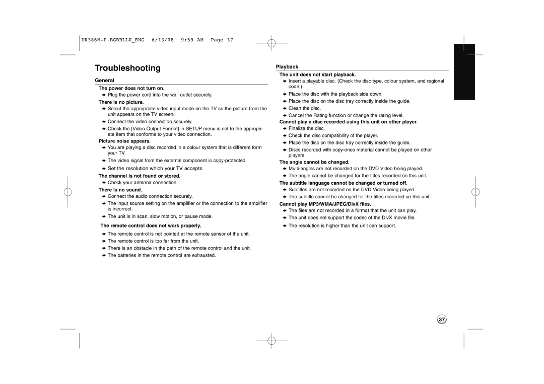 LG Electronics DRT389H manual Troubleshooting, General, Playback 