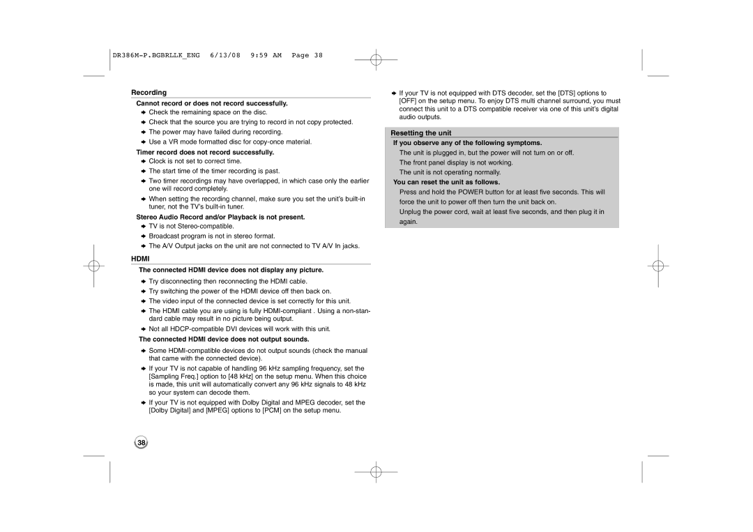 LG Electronics DRT389H manual Recording, Resetting the unit 