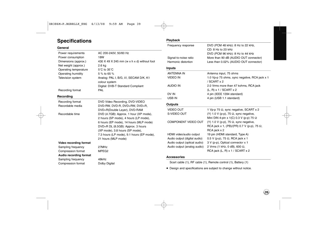 LG Electronics DRT389H manual Specifications, Inputs, Outputs, Accessories 