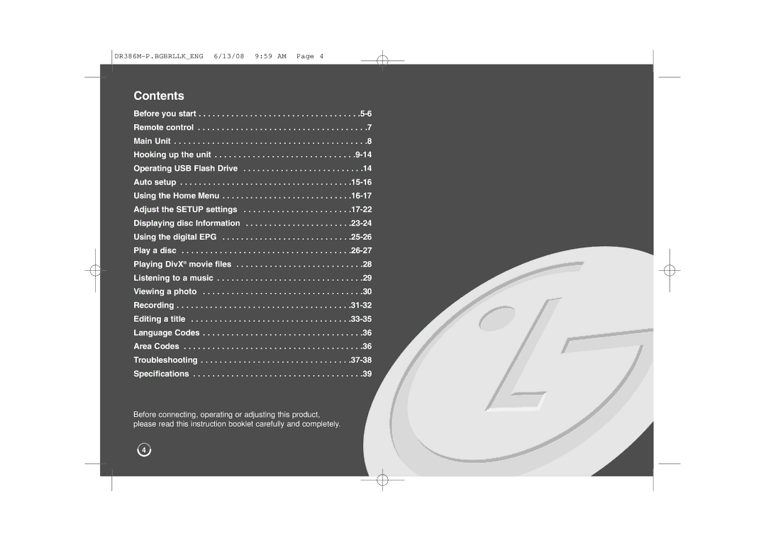 LG Electronics DRT389H manual Contents 