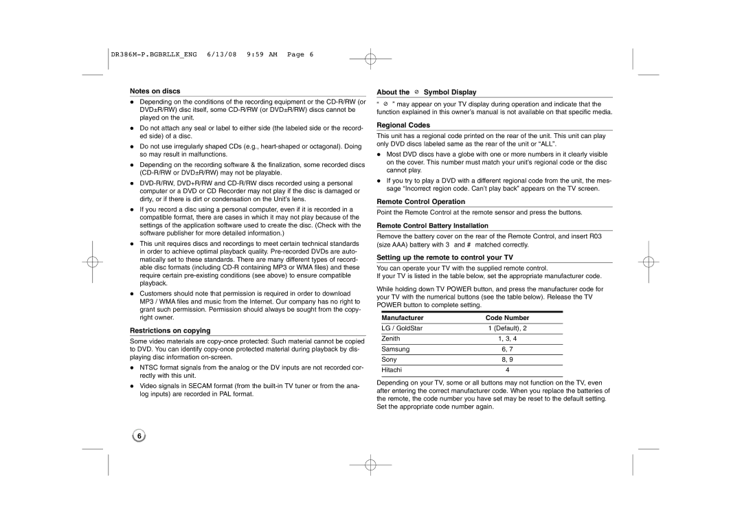 LG Electronics DRT389H manual Restrictions on copying, About the Symbol Display Regional Codes, Remote Control Operation 