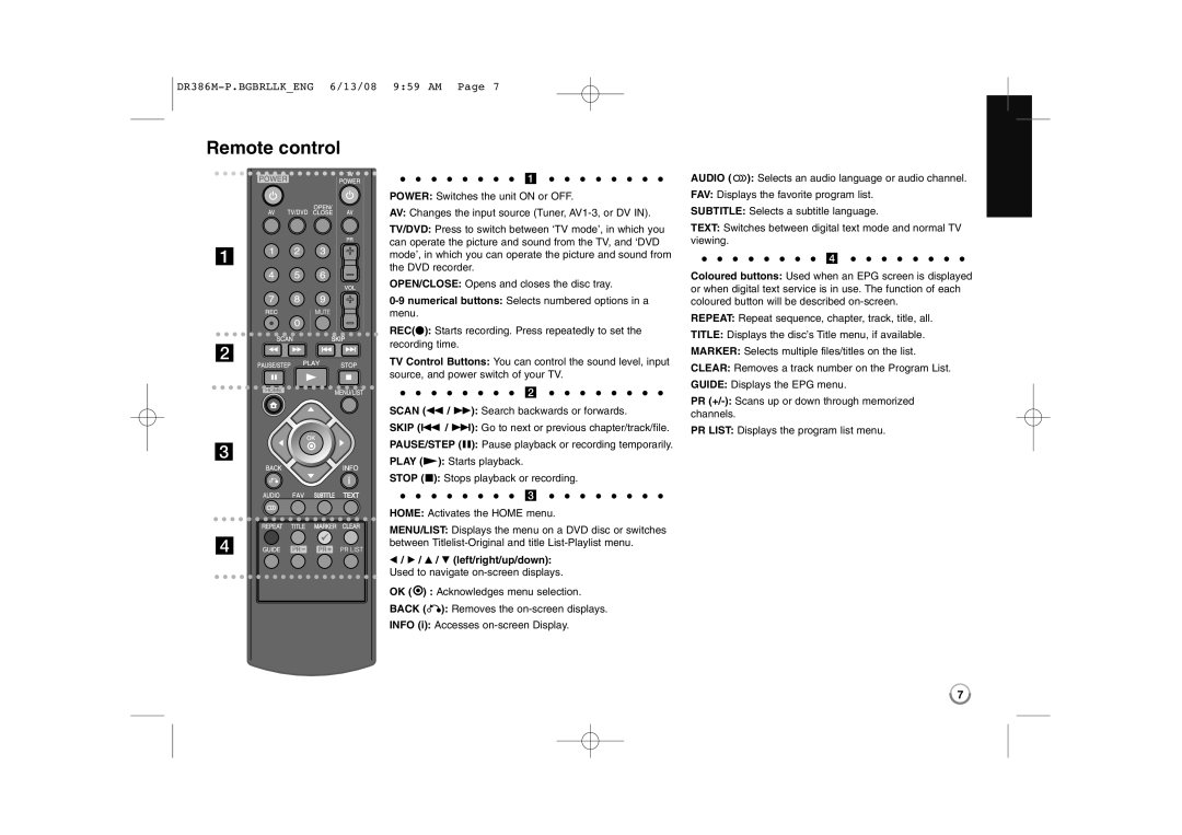 LG Electronics DRT389H manual Remote control, V / V left/right/up/down 