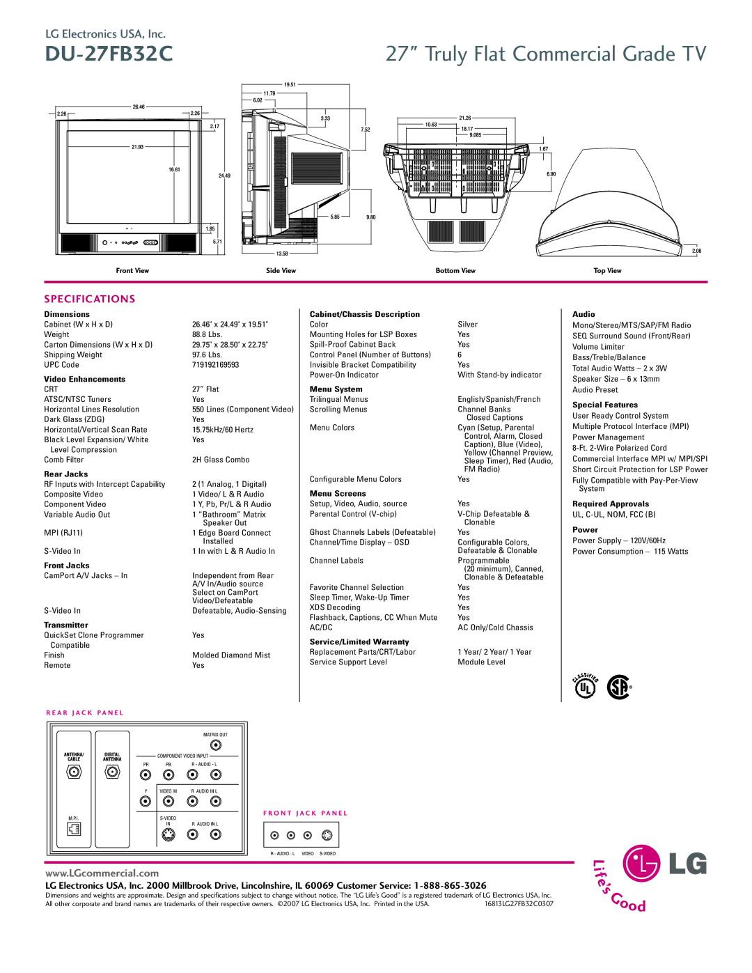 LG Electronics DU-27FB32C Dimensions, Video Enhancements, Rear Jacks, Front Jacks, Transmitter, Menu System, Menu Screens 