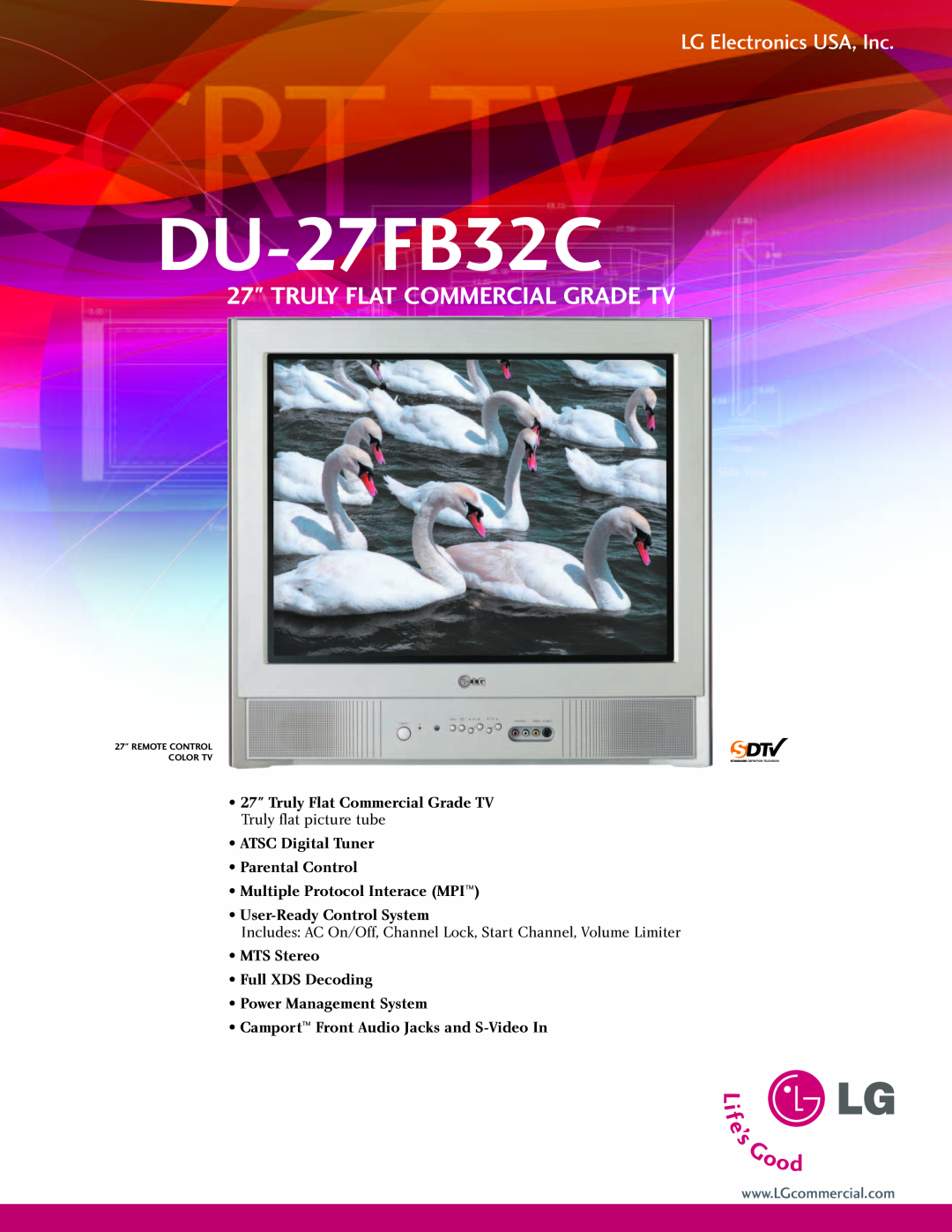 LG Electronics DU-27FB32C manual Truly Flat Commercial Grade Tv, LG Electronics USA, Inc, User-Ready Control System 