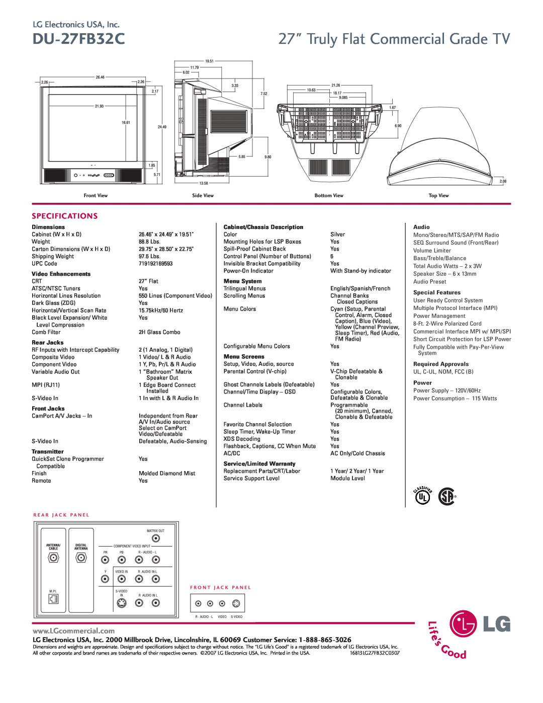 LG Electronics DU-27FB32C manual Truly Flat Commercial Grade TV, LG Electronics USA, Inc, Specifications 