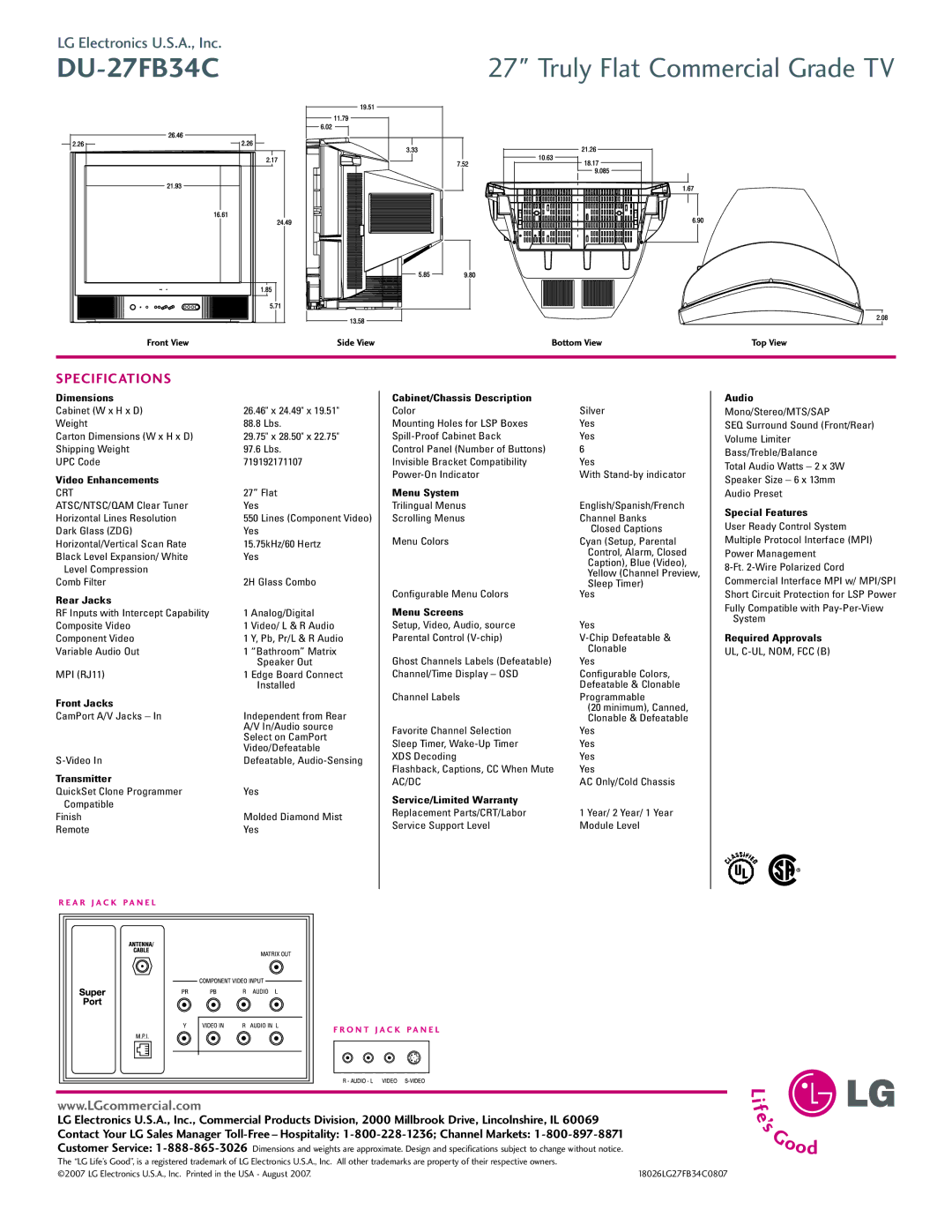 LG Electronics DU-27FB34C Dimensions, Video Enhancements, Rear Jacks, Front Jacks, Transmitter, Menu System, Menu Screens 