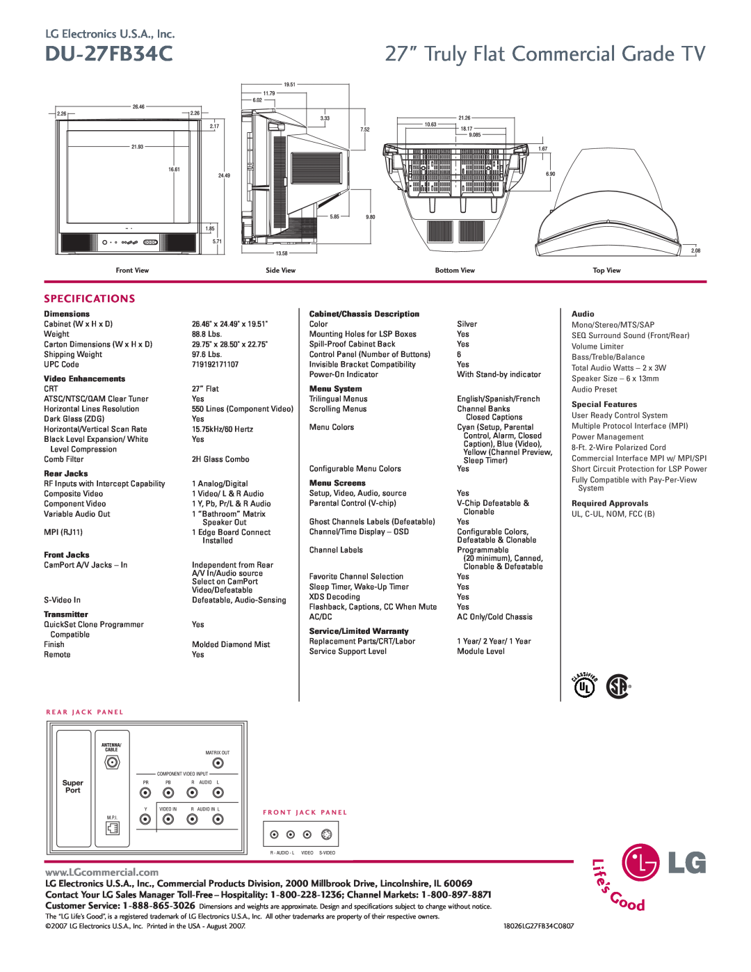 LG Electronics DU-27FB34C manual Truly Flat Commercial Grade TV, LG Electronics U.S.A., Inc, Specifications 