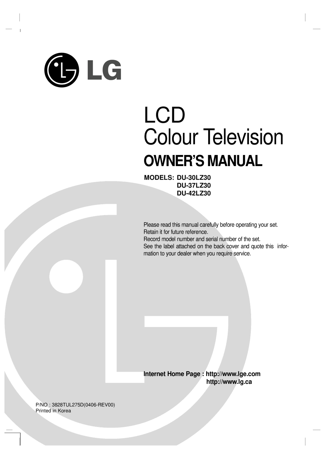 LG Electronics DU-37LZ30 owner manual Lcd 