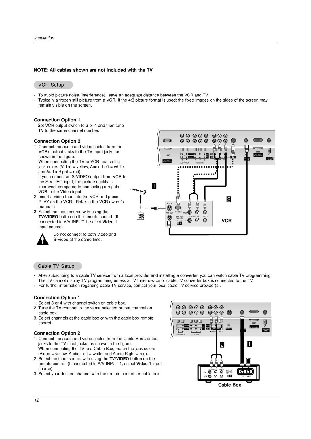 LG Electronics DU-37LZ30 owner manual VCR Setup, Connection Option, Cable TV Setup, Cable Box 