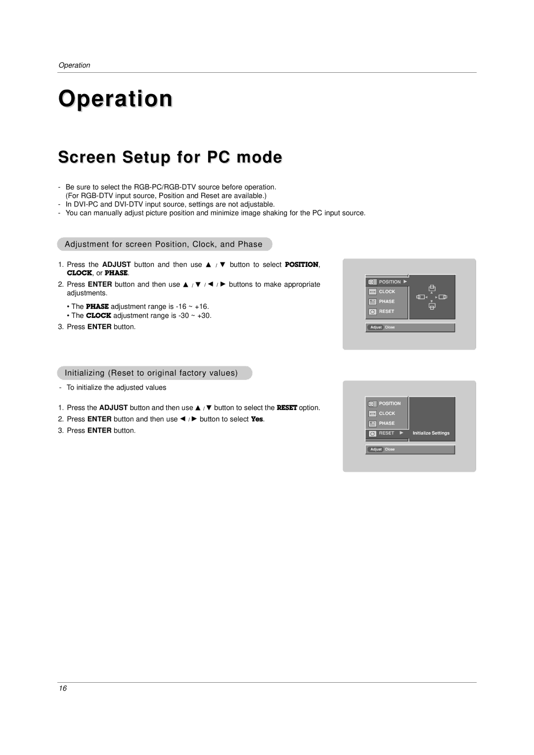 LG Electronics DU-37LZ30 owner manual Screen Setup for PC mode, Adjustment for screen Position, Clock, and Phase 