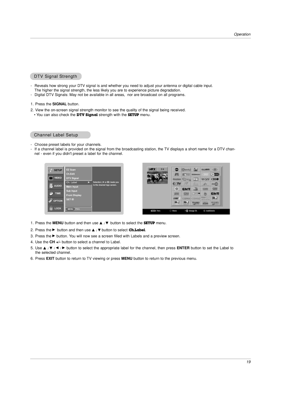 LG Electronics DU-37LZ30 owner manual DTV Signal Strength, Channel Label Setup 