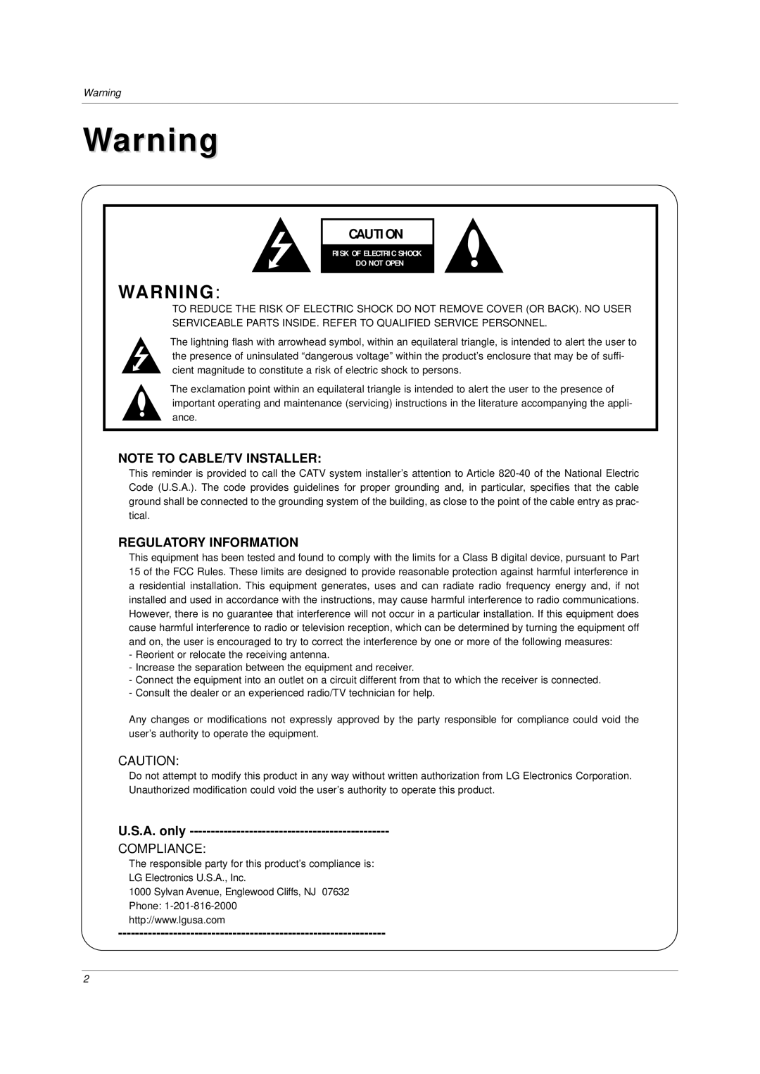 LG Electronics DU-37LZ30 owner manual Regulatory Information 