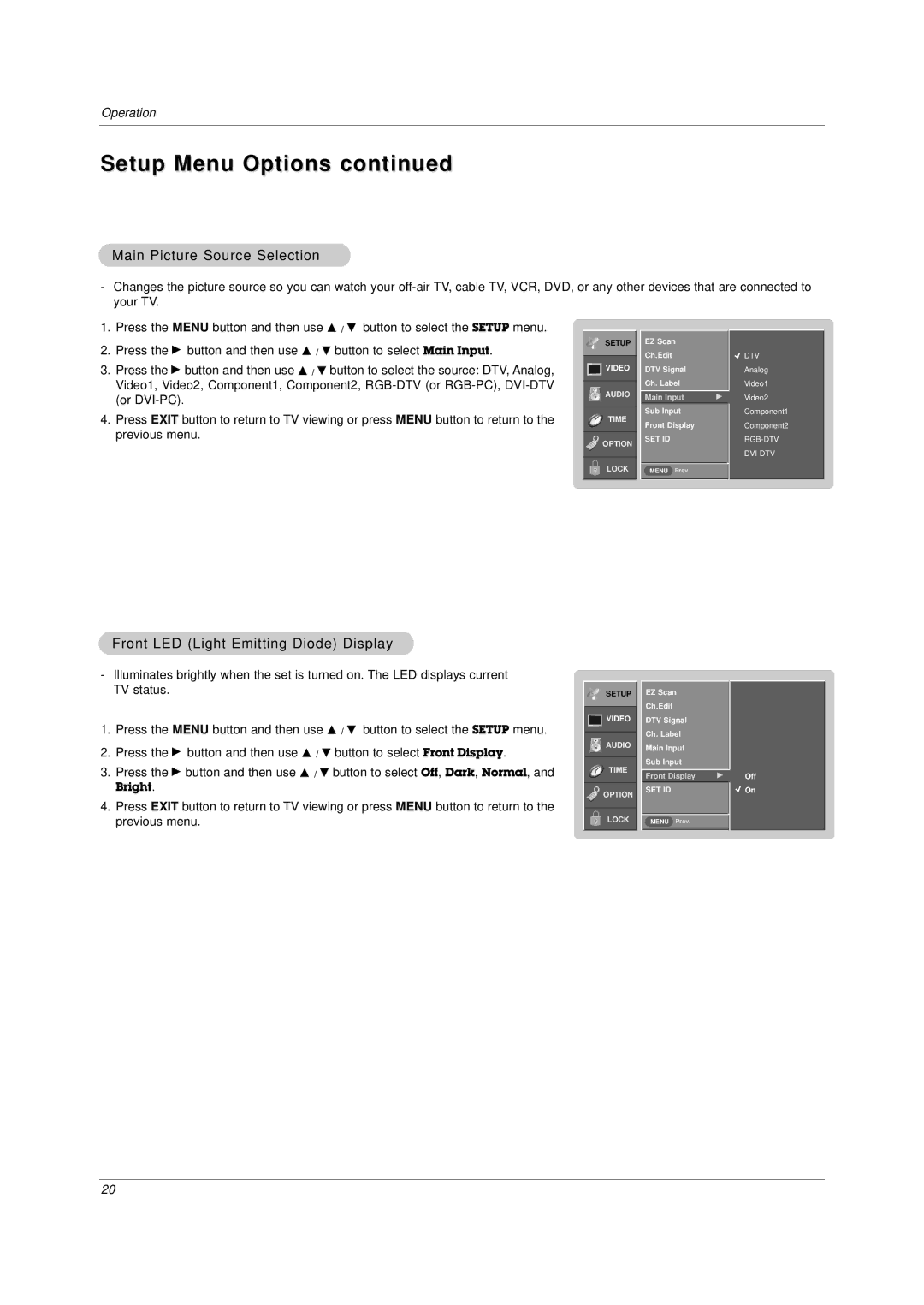 LG Electronics DU-37LZ30 Setup Menu Options, Main Picture Source Selection, Front LED Light Emitting Diode Display 