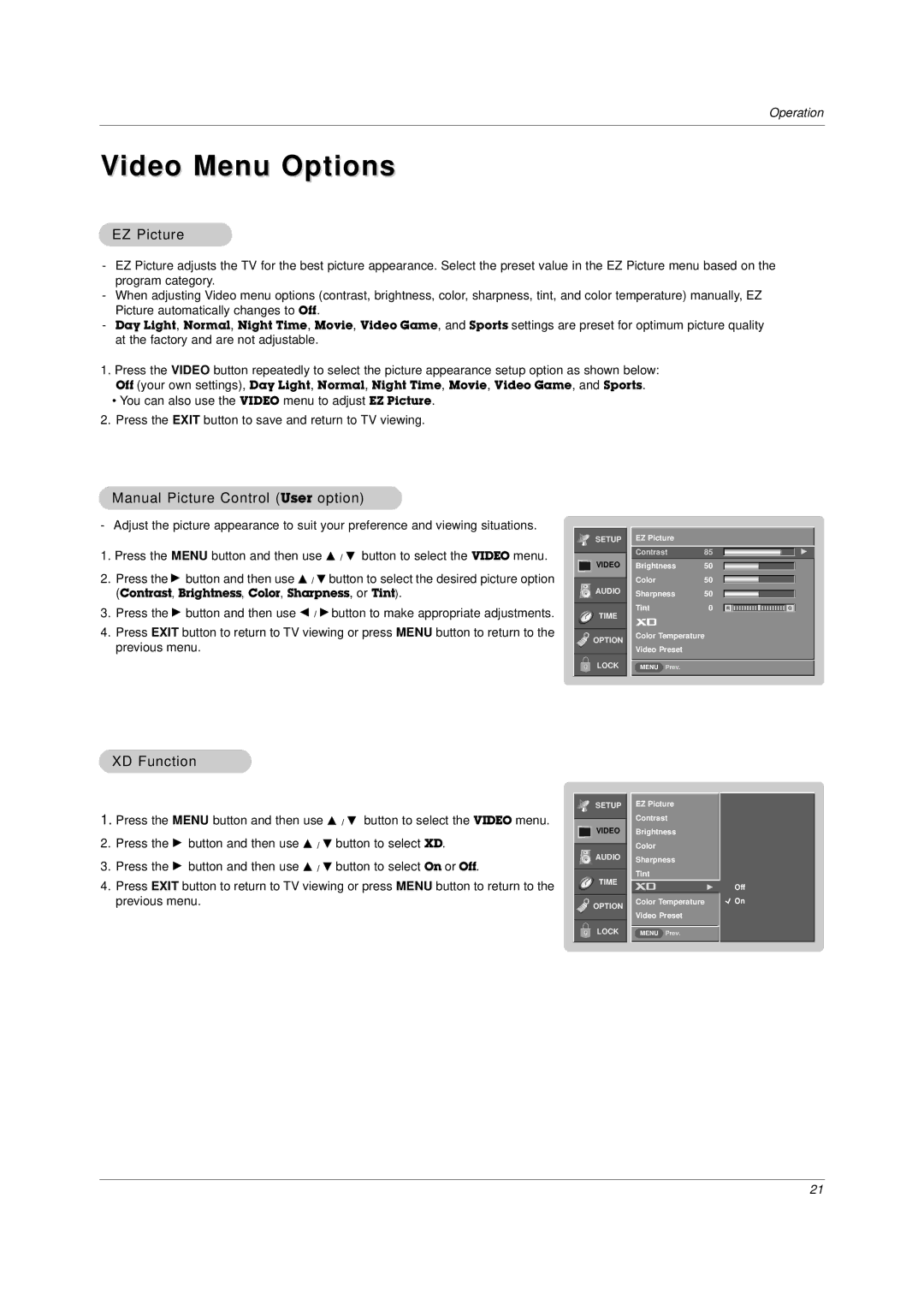 LG Electronics DU-37LZ30 owner manual Video Menu Options, EZ Picture, Manual Picture Control User option, XD Function 