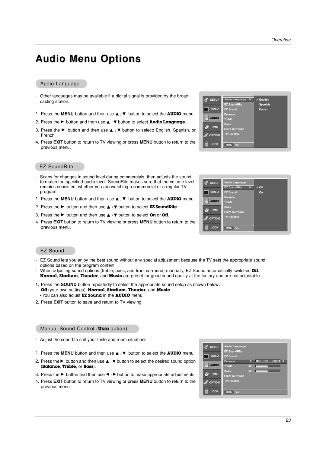 LG Electronics DU-37LZ30 owner manual Audio Menu Options, Audio Language, EZ SoundRite, Manual Sound Control User option 