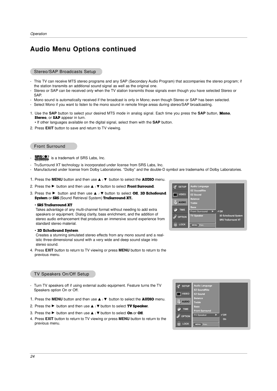 LG Electronics DU-37LZ30 Audio Menu Options, Stereo/SAP Broadcasts Setup, Front Surround, TV Speakers On/Off Setup 