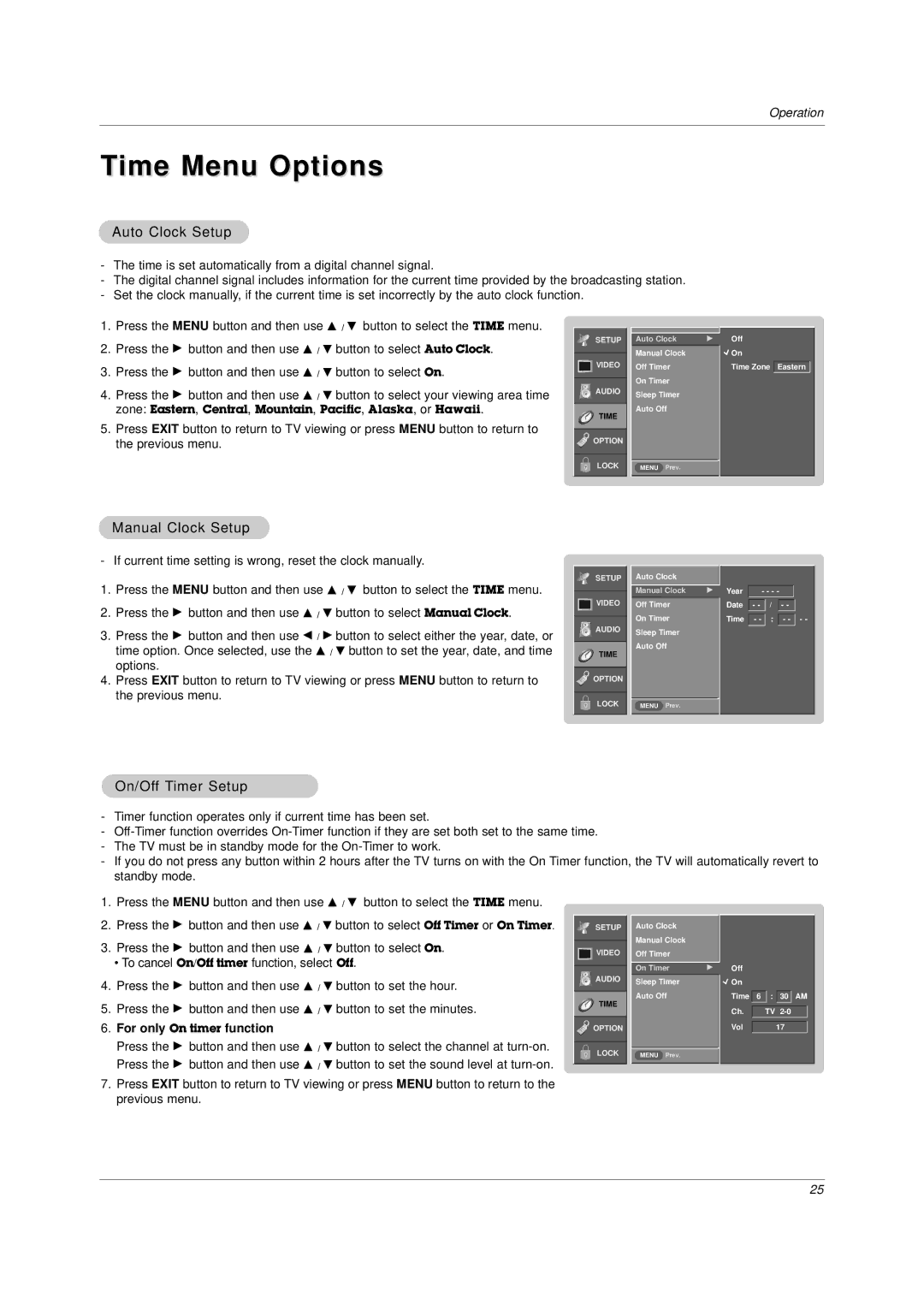 LG Electronics DU-37LZ30 owner manual Time Menu Options, Auto Clock Setup, Manual Clock Setup, On/Off Timer Setup 