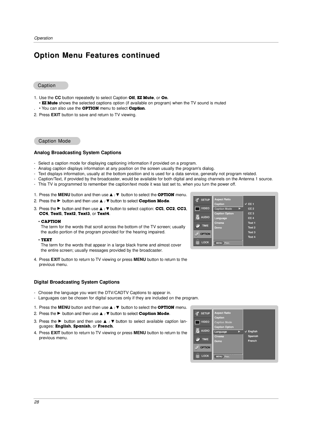 LG Electronics DU-37LZ30 owner manual Option Menu Features, Caption Mode, Analog Broadcasting System Captions 