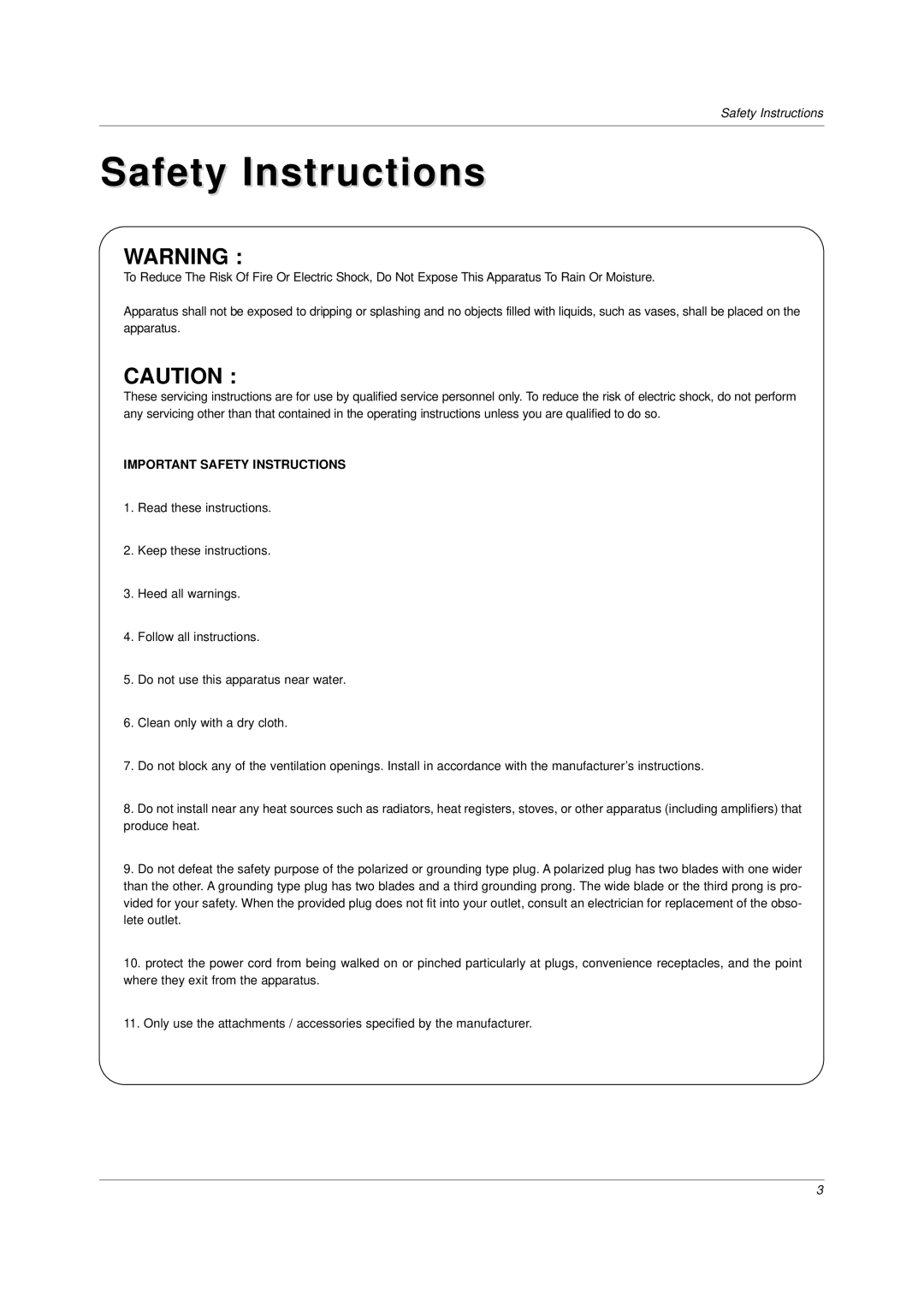 LG Electronics DU-37LZ30 owner manual Safety Instructions 