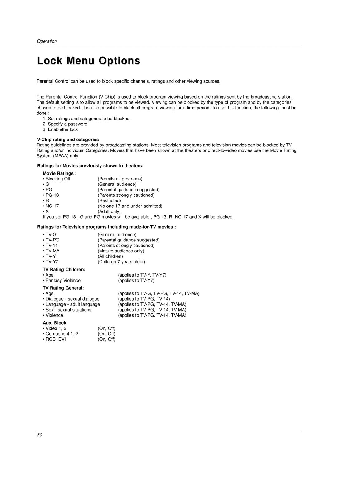 LG Electronics DU-37LZ30 Lock Menu Options, Chip rating and categories, TV Rating Children, TV Rating General, Aux. Block 