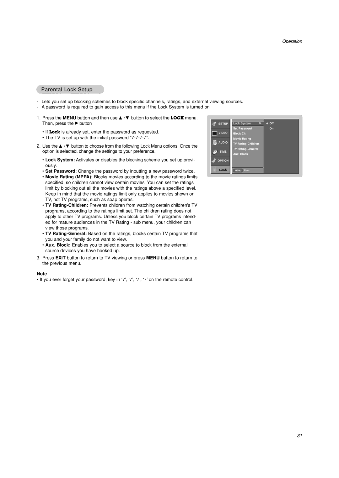 LG Electronics DU-37LZ30 owner manual Parental Lock Setup 