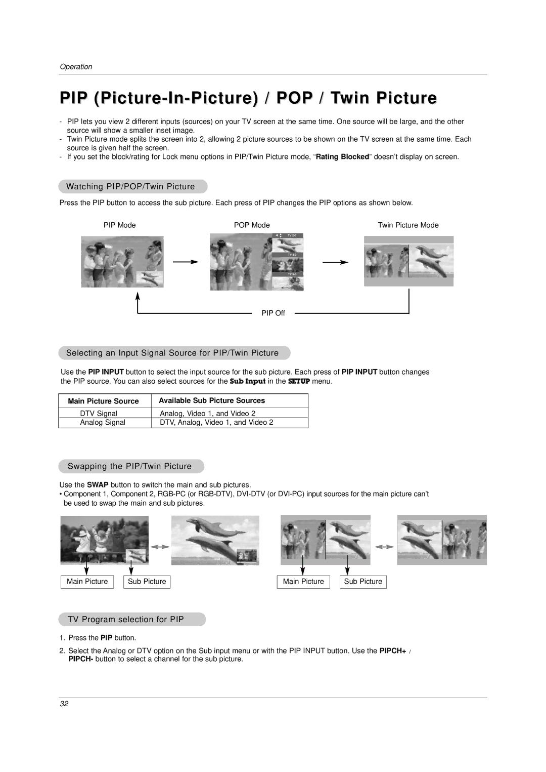 LG Electronics DU-37LZ30 owner manual PIP Picture-In-Picture / POP / Twin Picture, Watching PIP/POP/Twin Picture 