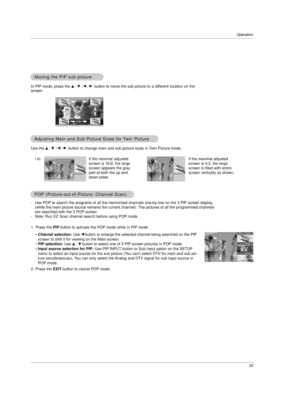 LG Electronics DU-37LZ30 owner manual Moving the PIP sub picture, Adjusting Main and Sub Picture Sizes for Twin Picture 