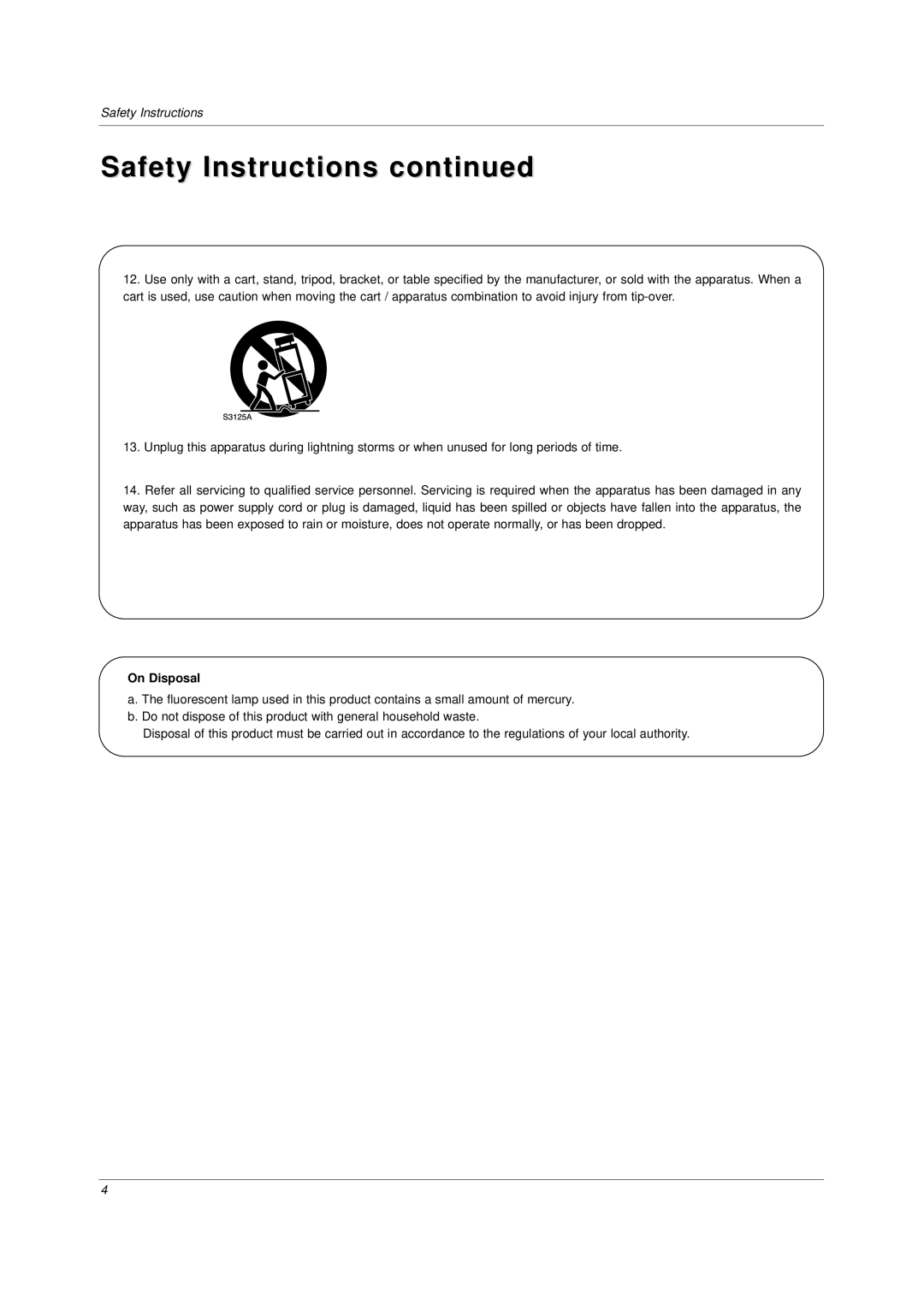 LG Electronics DU-37LZ30 owner manual Safety Instructions, On Disposal 