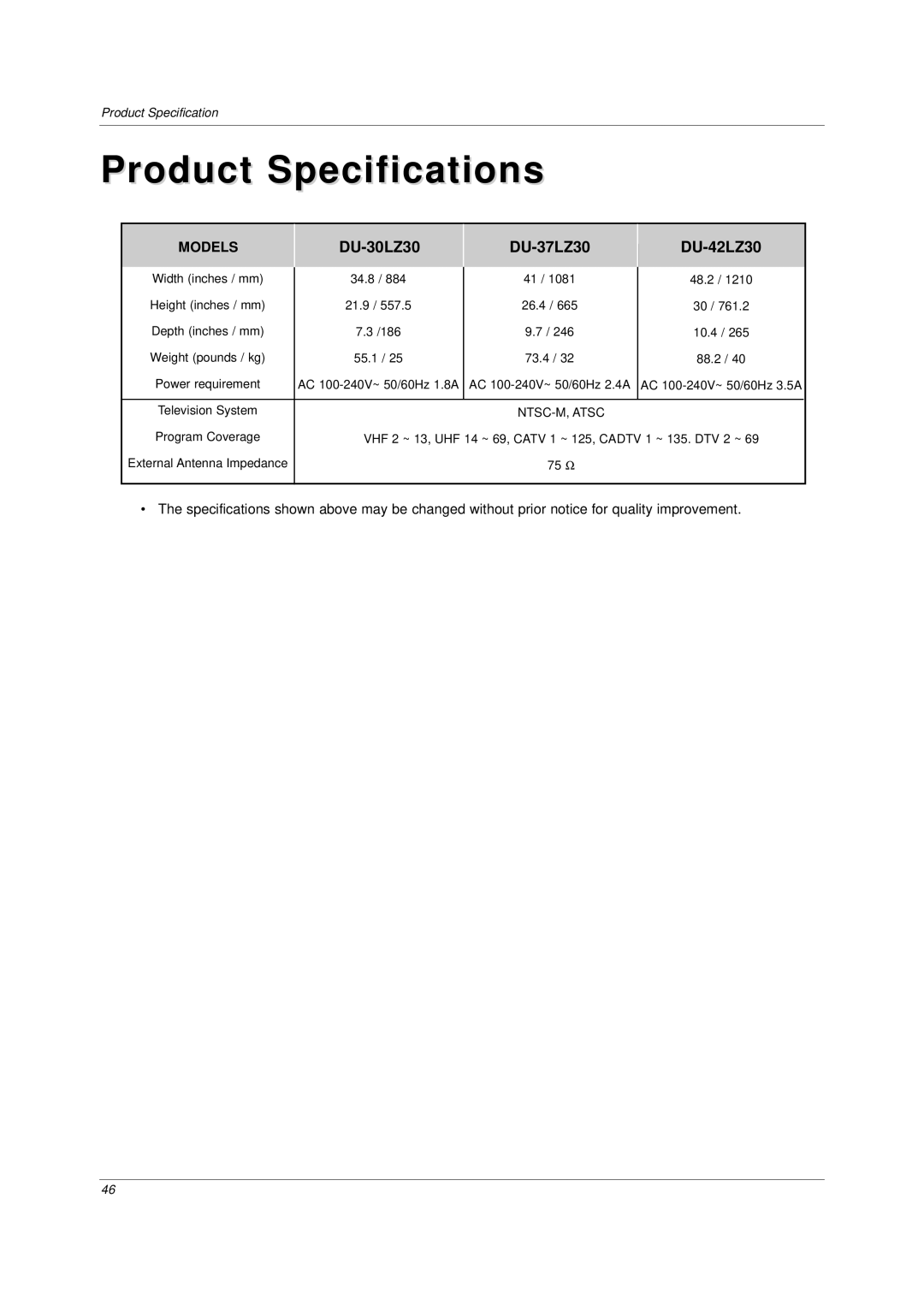 LG Electronics DU-37LZ30 owner manual Product Specifications 