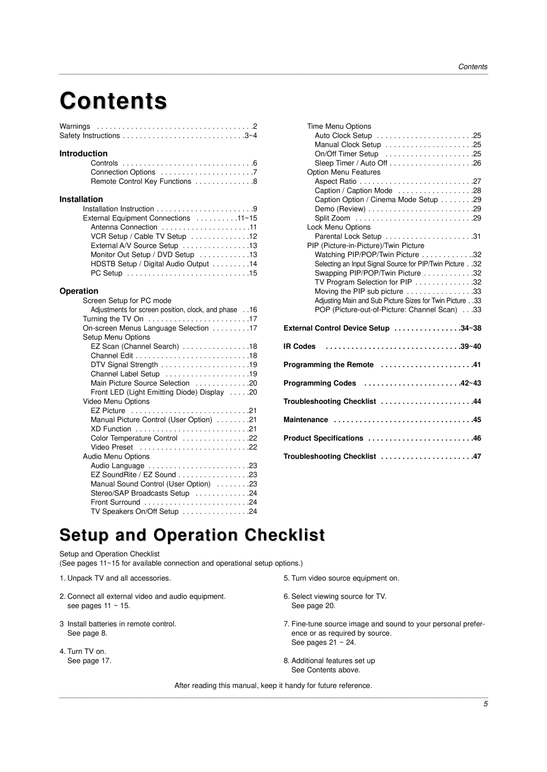 LG Electronics DU-37LZ30 owner manual Contents 