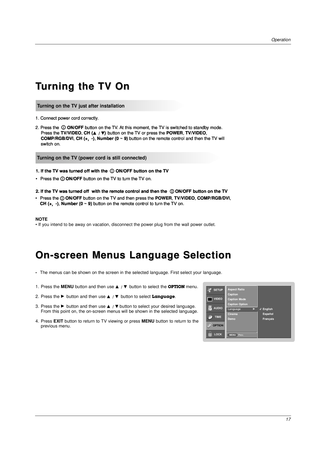 LG Electronics DU-37LZ30 Turning the TV On, On-screen Menus Language Selection, Turning on the TV just after installation 