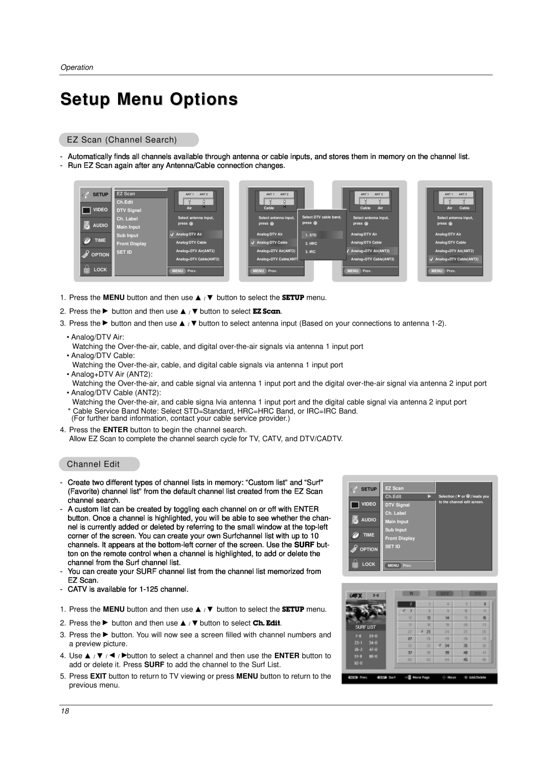 LG Electronics DU-37LZ30 owner manual Setup Menu Options, EZ Scan Channel Search, Channel Edit 