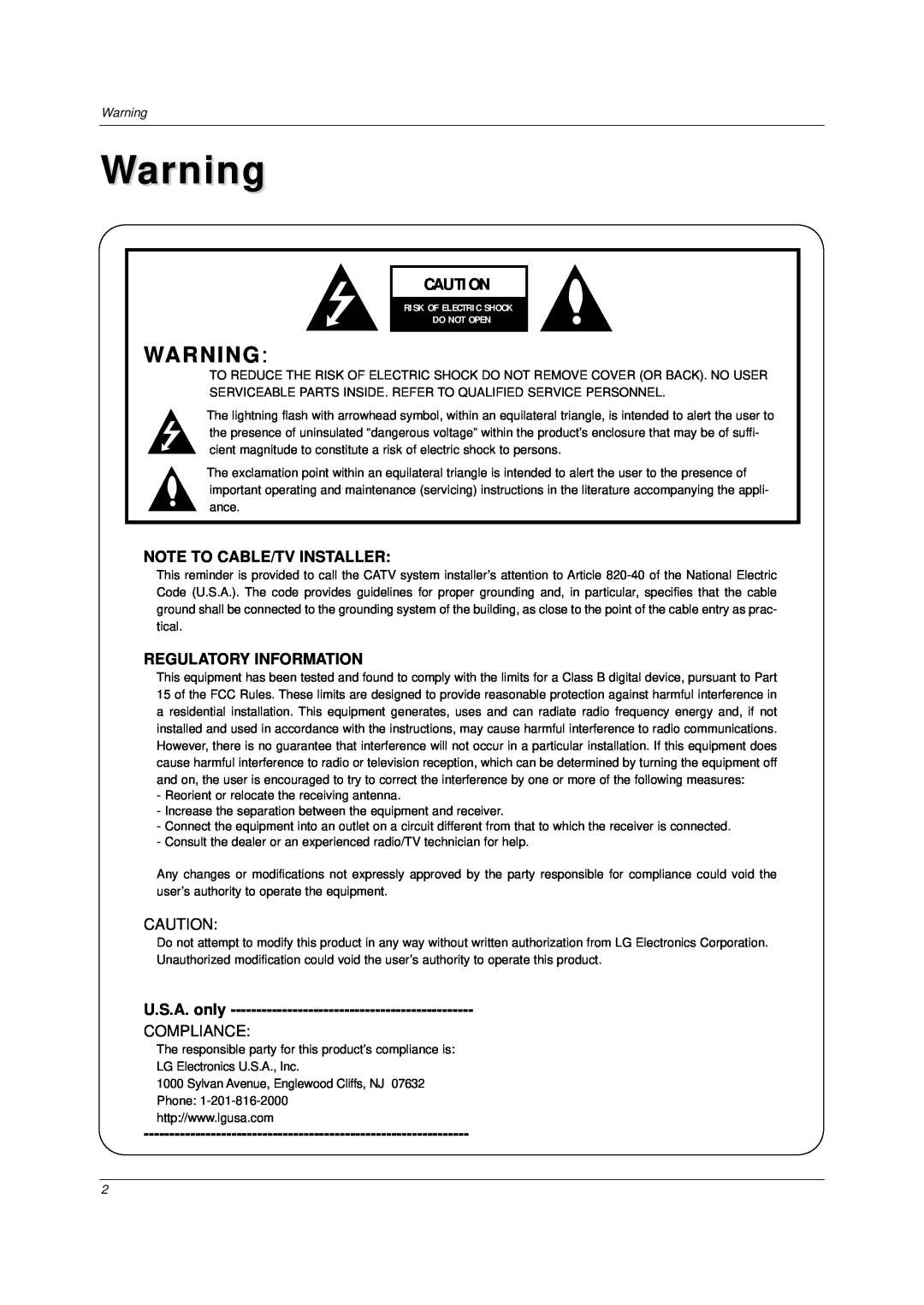 LG Electronics DU-37LZ30 owner manual Note To Cable/Tv Installer, Regulatory Information, U.S.A. only, Compliance 