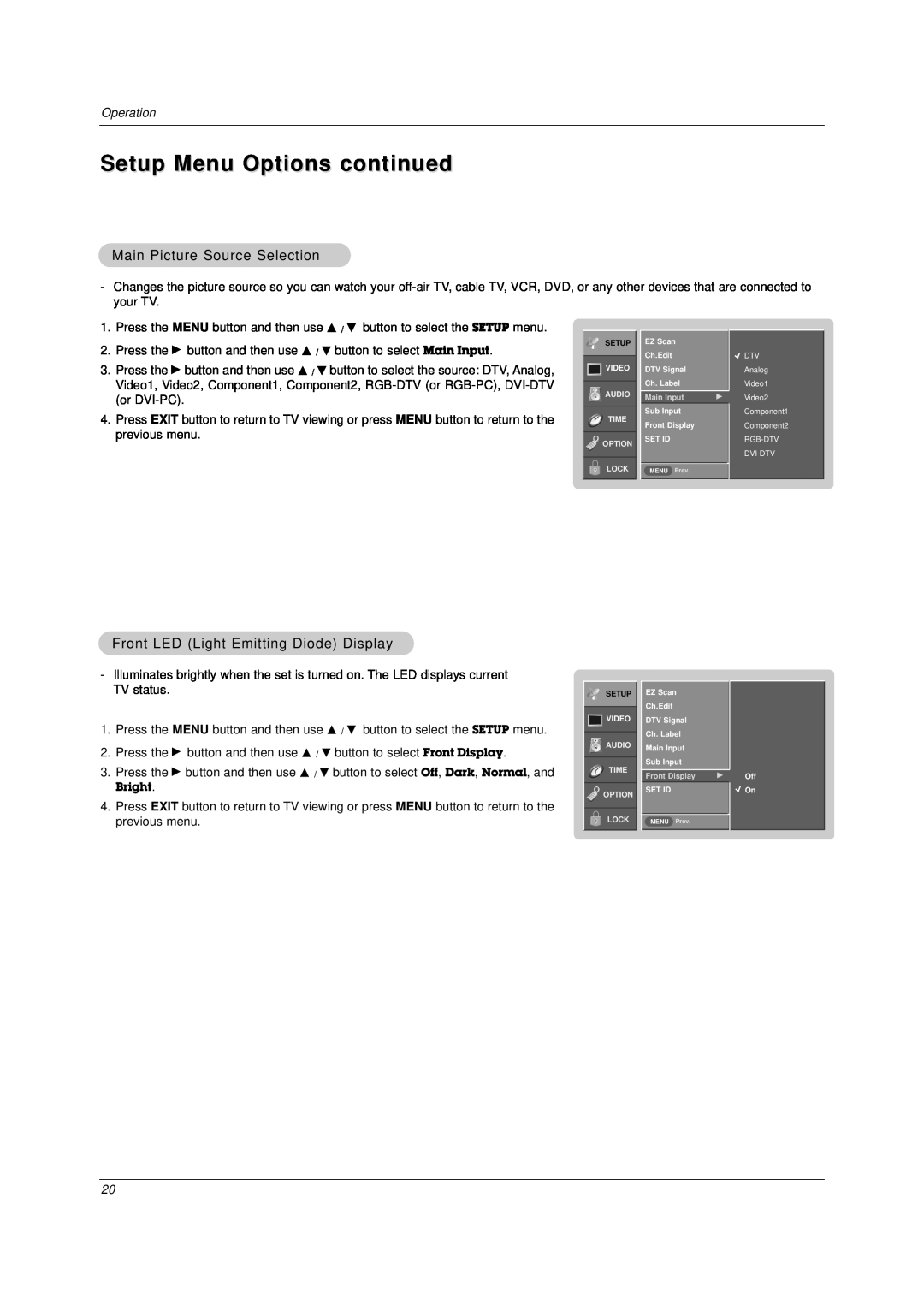 LG Electronics DU-37LZ30 owner manual Setup Menu Options continued, Main Picture Source Selection 