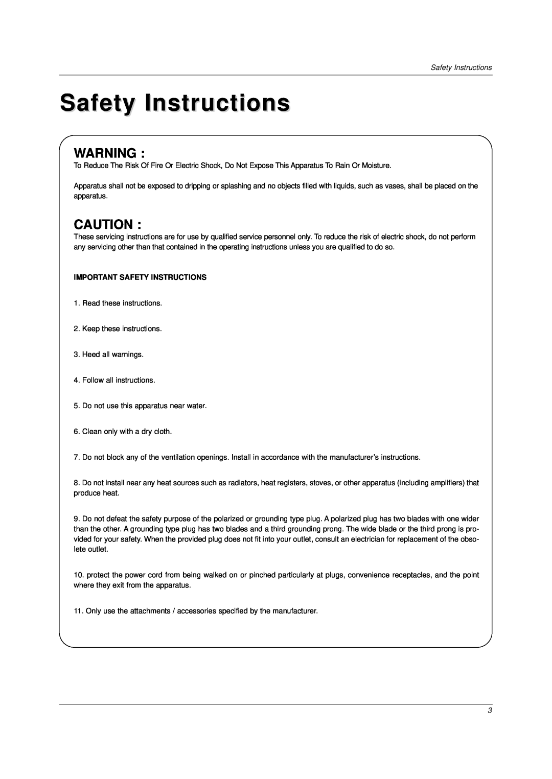 LG Electronics DU-37LZ30 owner manual Important Safety Instructions 