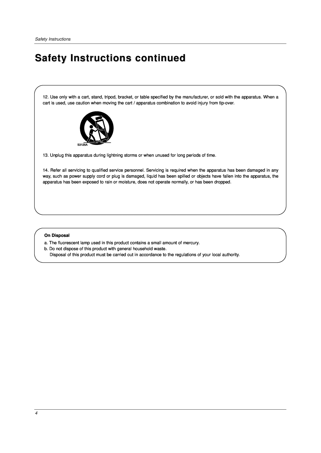 LG Electronics DU-37LZ30 owner manual Safety Instructions continued, On Disposal 