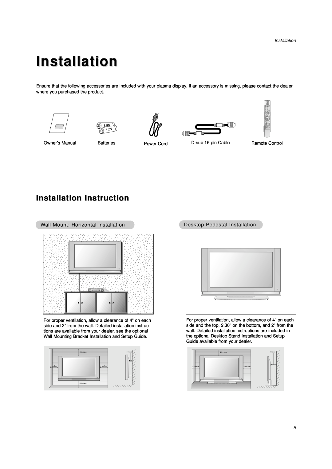 LG Electronics DU-37LZ30 Installation Instruction, Wall Mount Horizontal installation, Desktop Pedestal Installation 