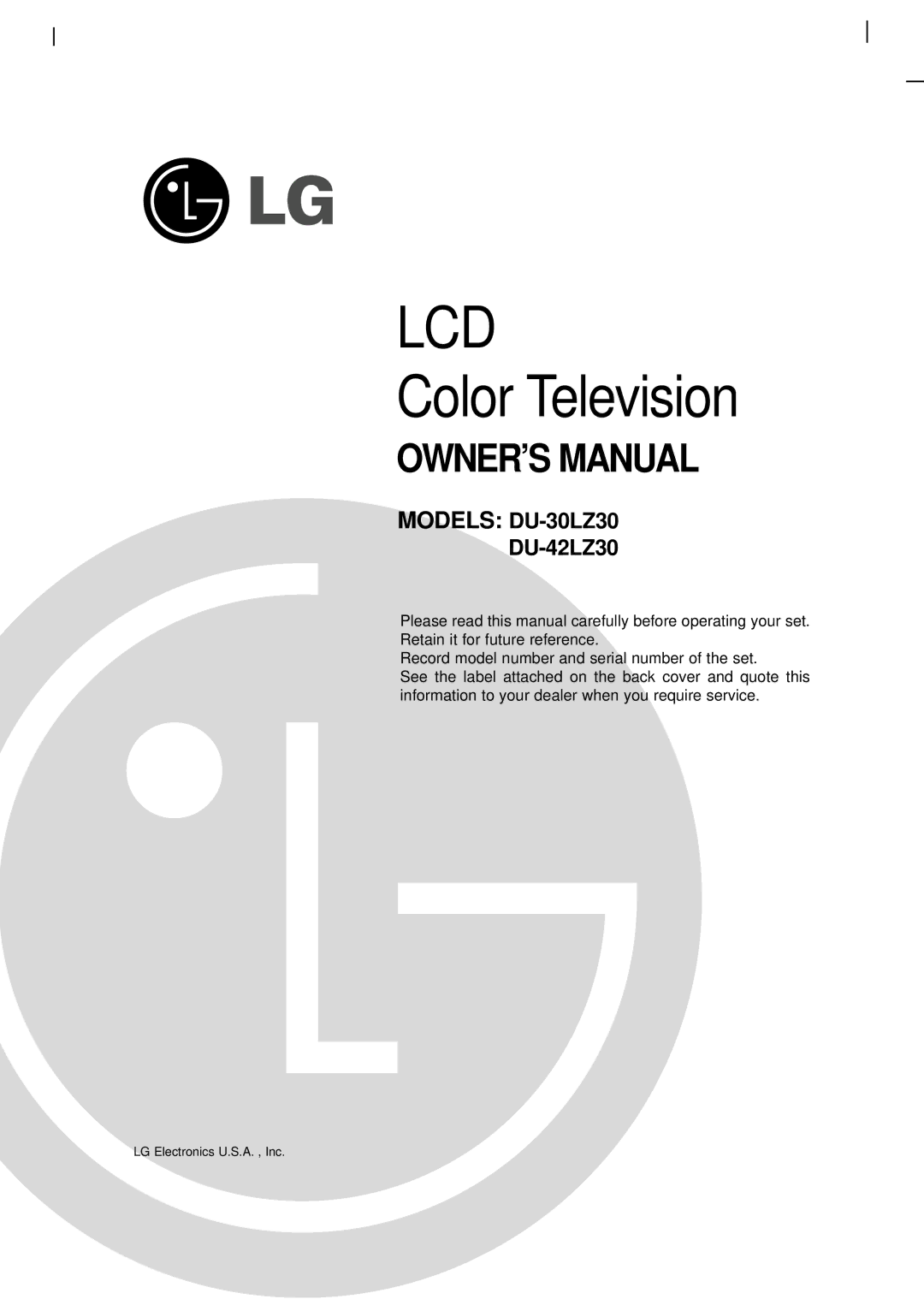 LG Electronics DU-30LZ30 owner manual Lcd, DU-42LZ30 