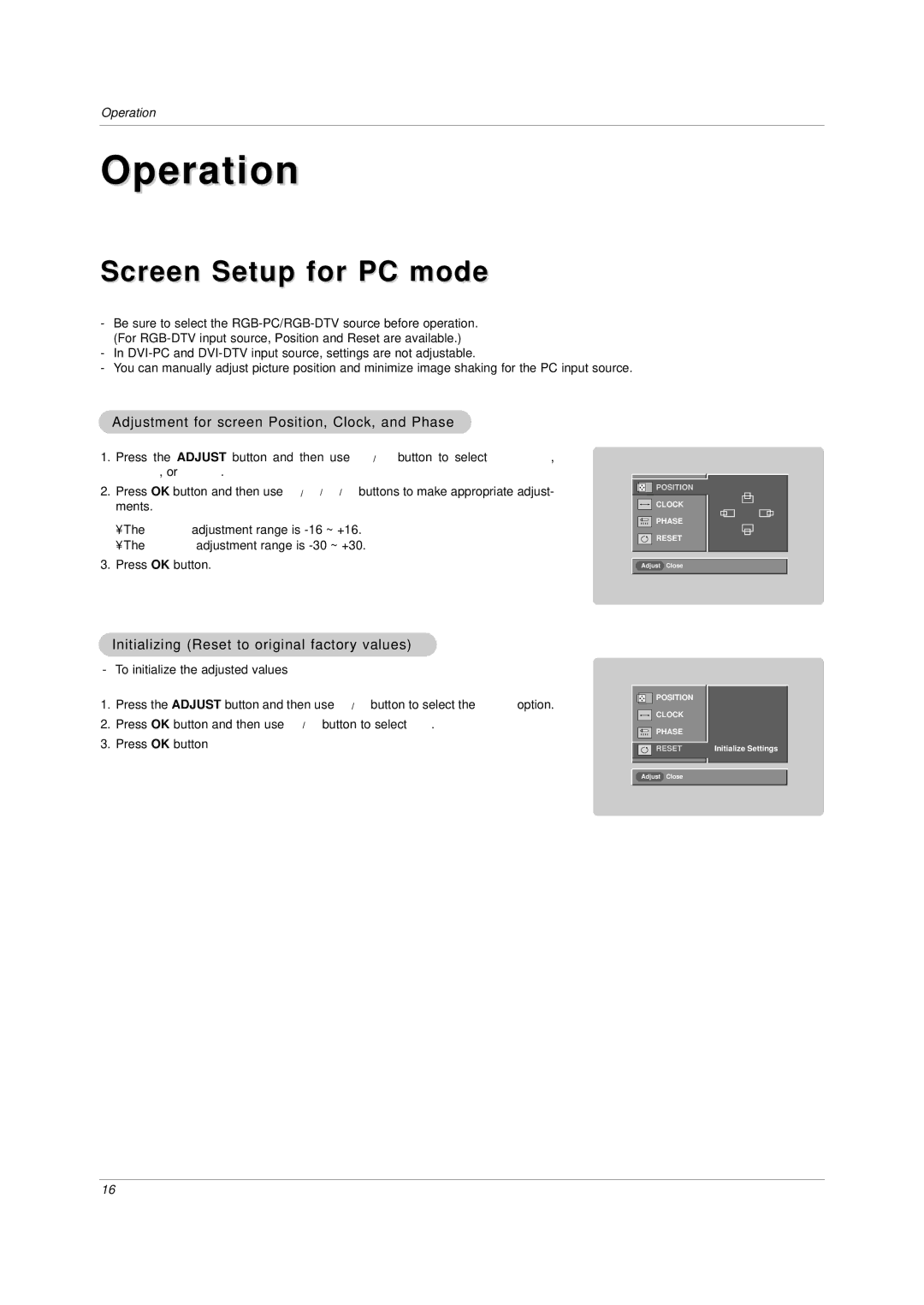 LG Electronics DU-42LZ30, DU-30LZ30 owner manual Screen Setup for PC mode, Adjustment for screen Position, Clock, and Phase 