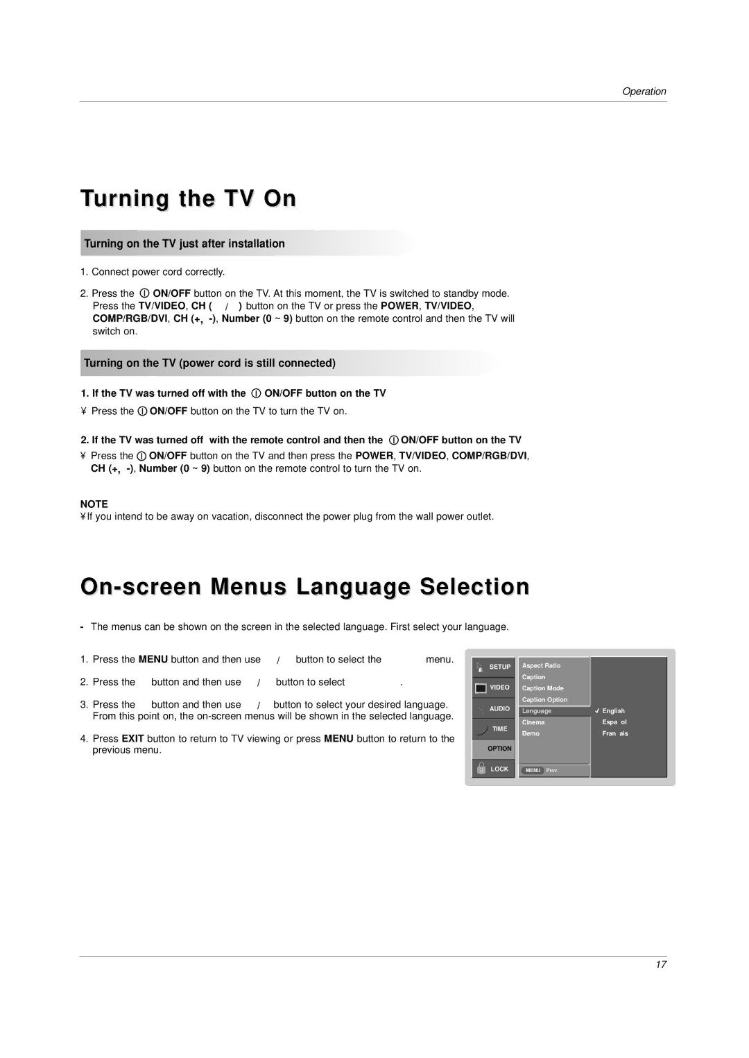 LG Electronics DU-30LZ30 Turning the TV On, On-screen Menus Language Selection, Turning on the TV just after installation 