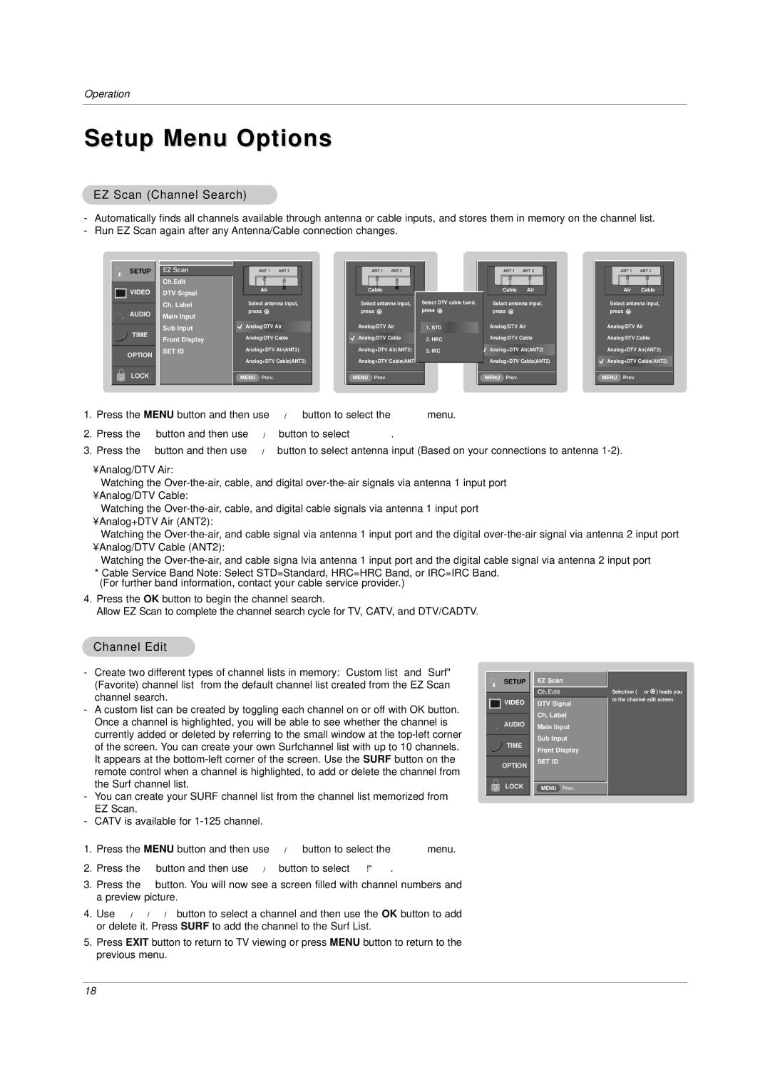 LG Electronics DU-42LZ30, DU-30LZ30 owner manual Setup Menu Options, EZ Scan Channel Search, Channel Edit 