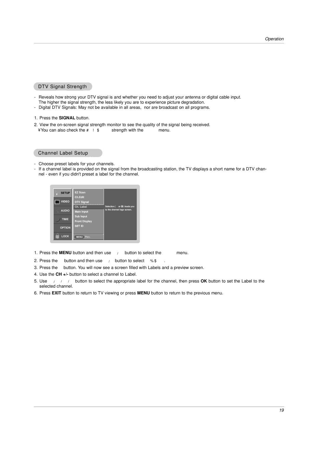 LG Electronics DU-30LZ30, DU-42LZ30 owner manual DTV Signal Strength, Channel Label Setup 