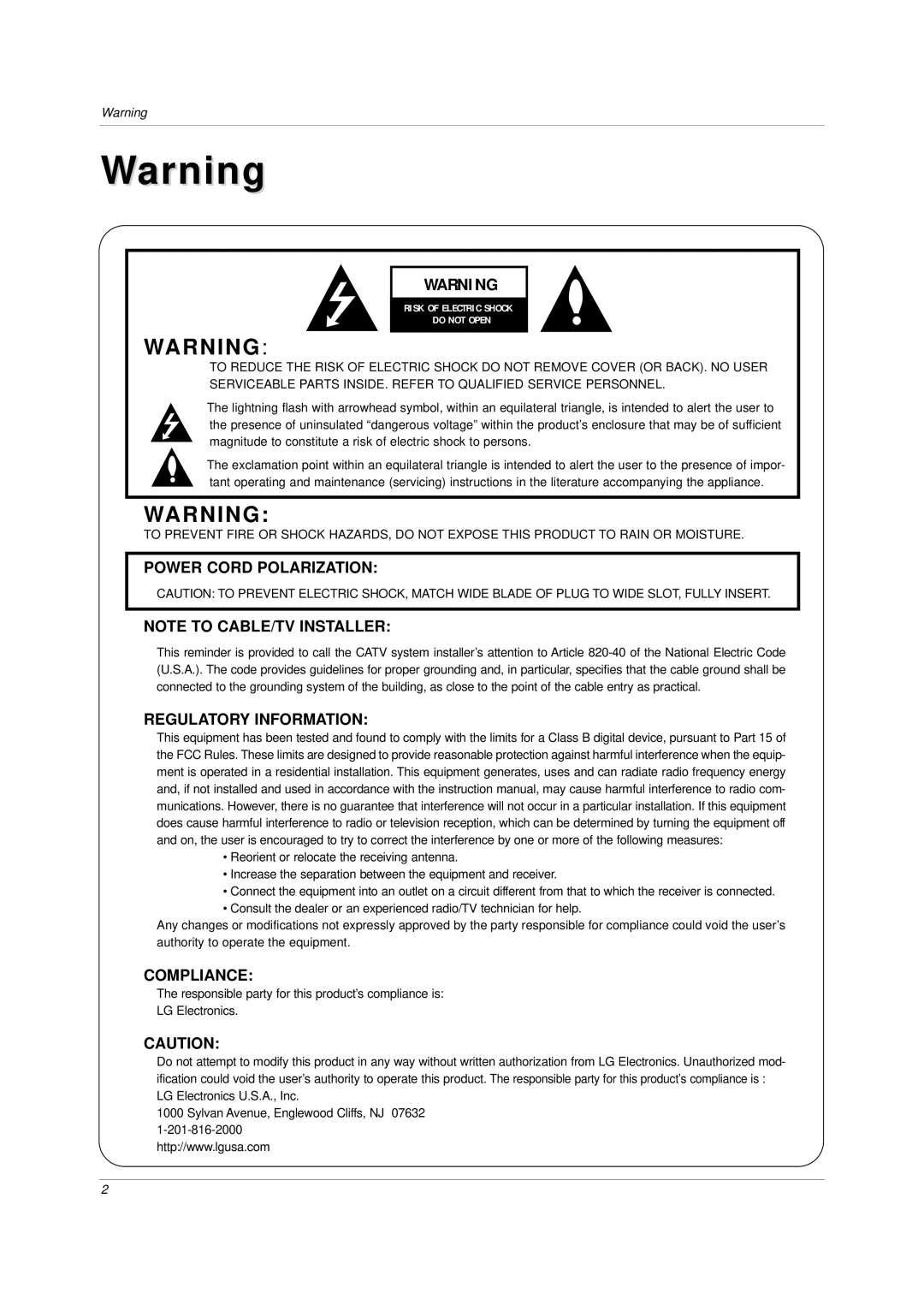 LG Electronics DU-42LZ30, DU-30LZ30 owner manual Power Cord Polarization 