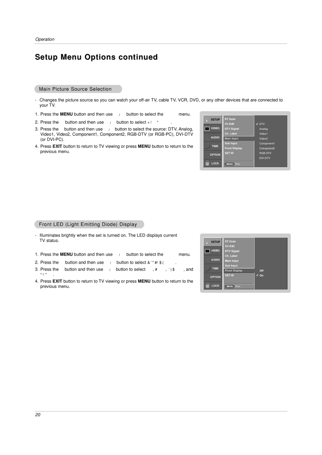 LG Electronics DU-42LZ30 Setup Menu Options, Main Picture Source Selection, Front LED Light Emitting Diode Display 