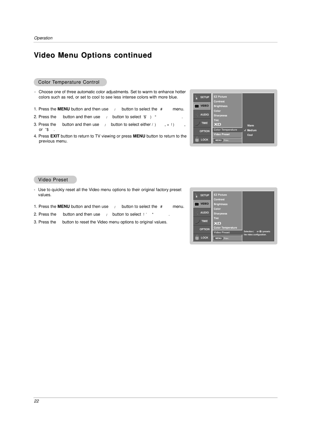 LG Electronics DU-42LZ30, DU-30LZ30 owner manual Video Menu Options, Color Temperature Control, Video Preset 